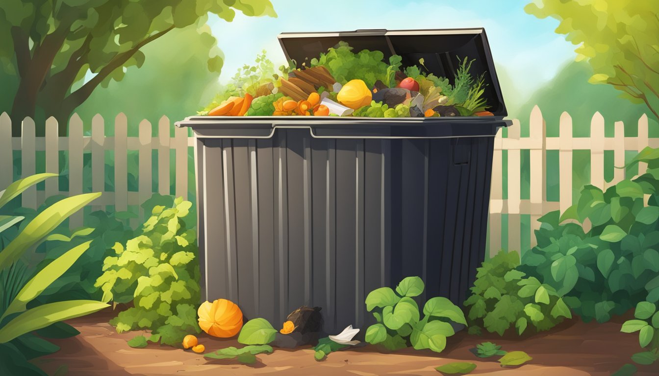 A backyard compost bin surrounded by greenery and filled with a variety of organic waste, with sunlight shining down on the scene