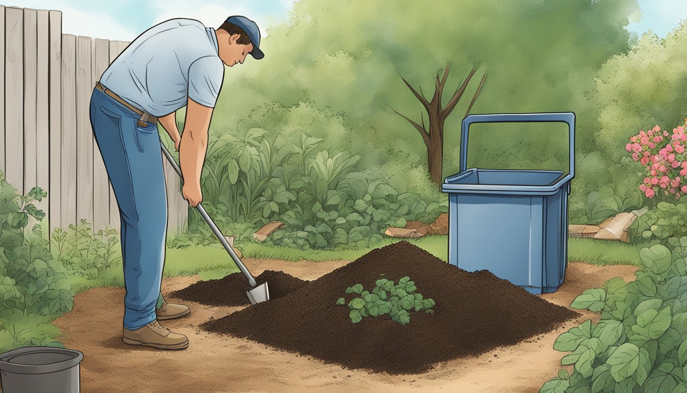 A person setting up a compost system in a backyard, surrounded by greenery and using a bin and shovel in Tallahassee, FL