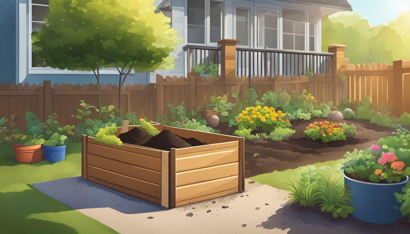 A sunny backyard with a compost bin, a shovel, and various organic materials being added to the pile. A small garden nearby shows signs of healthy, thriving plants