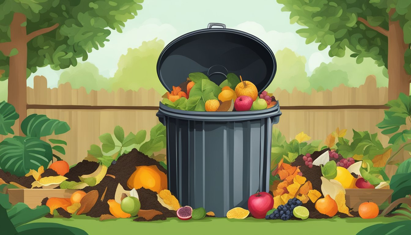 A colorful array of organic waste, including fruit peels, coffee grounds, and leaves, arranged in a compost bin in a lush backyard garden in Tallahassee, FL