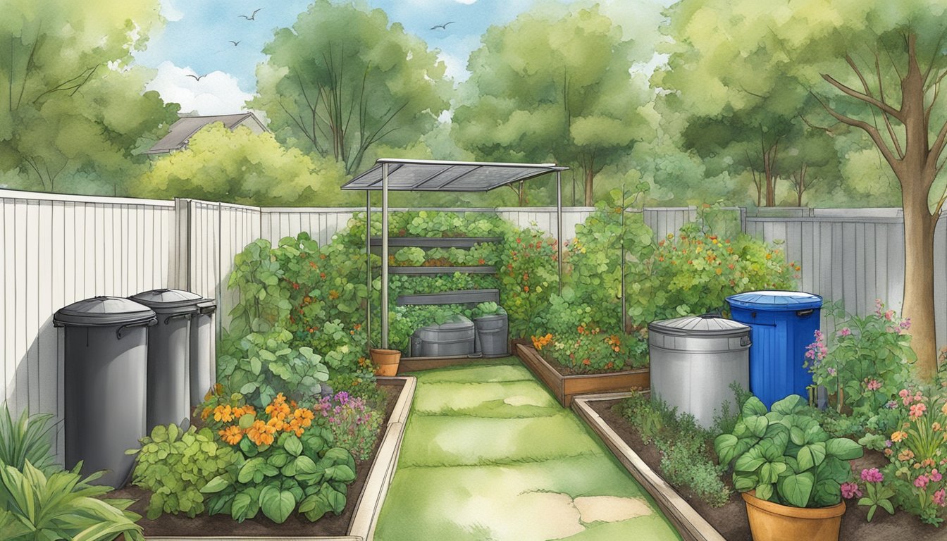 A lush garden with a compost bin surrounded by various sustainable initiatives such as rain barrels, solar panels, and a community garden in St. Petersburg, FL