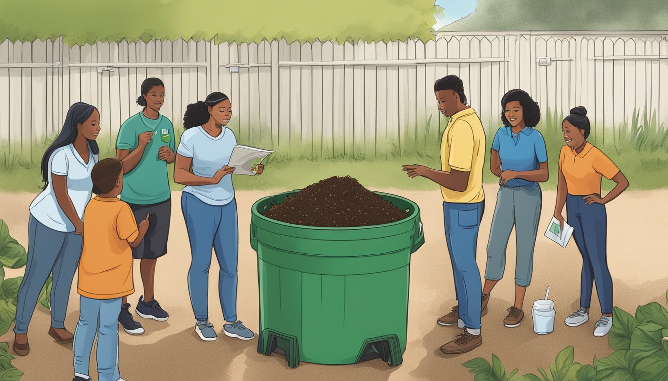 A diverse group of people in Port St. Lucie, FL, are gathered around a composting bin, learning and engaging with educational resources about composting