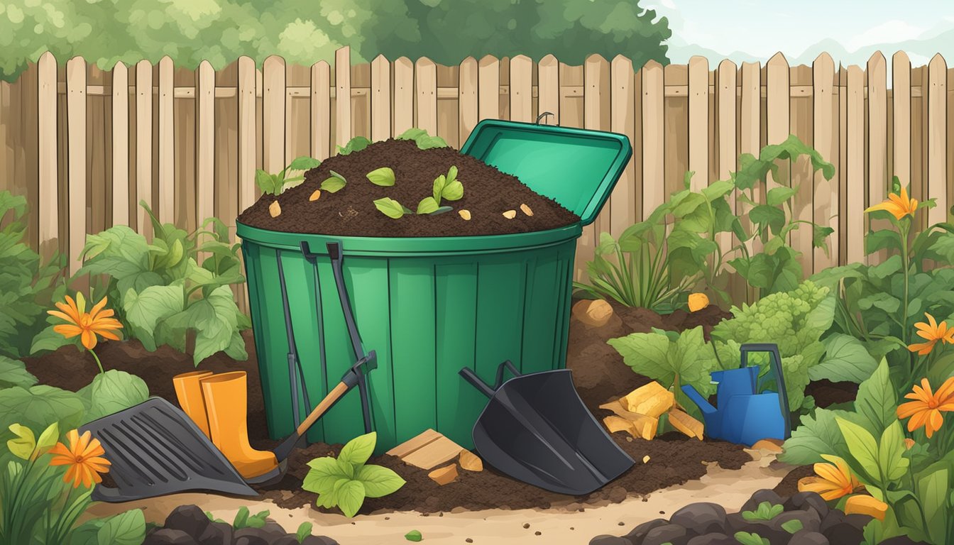 A backyard compost bin surrounded by various organic waste materials, with a shovel and gardening gloves nearby