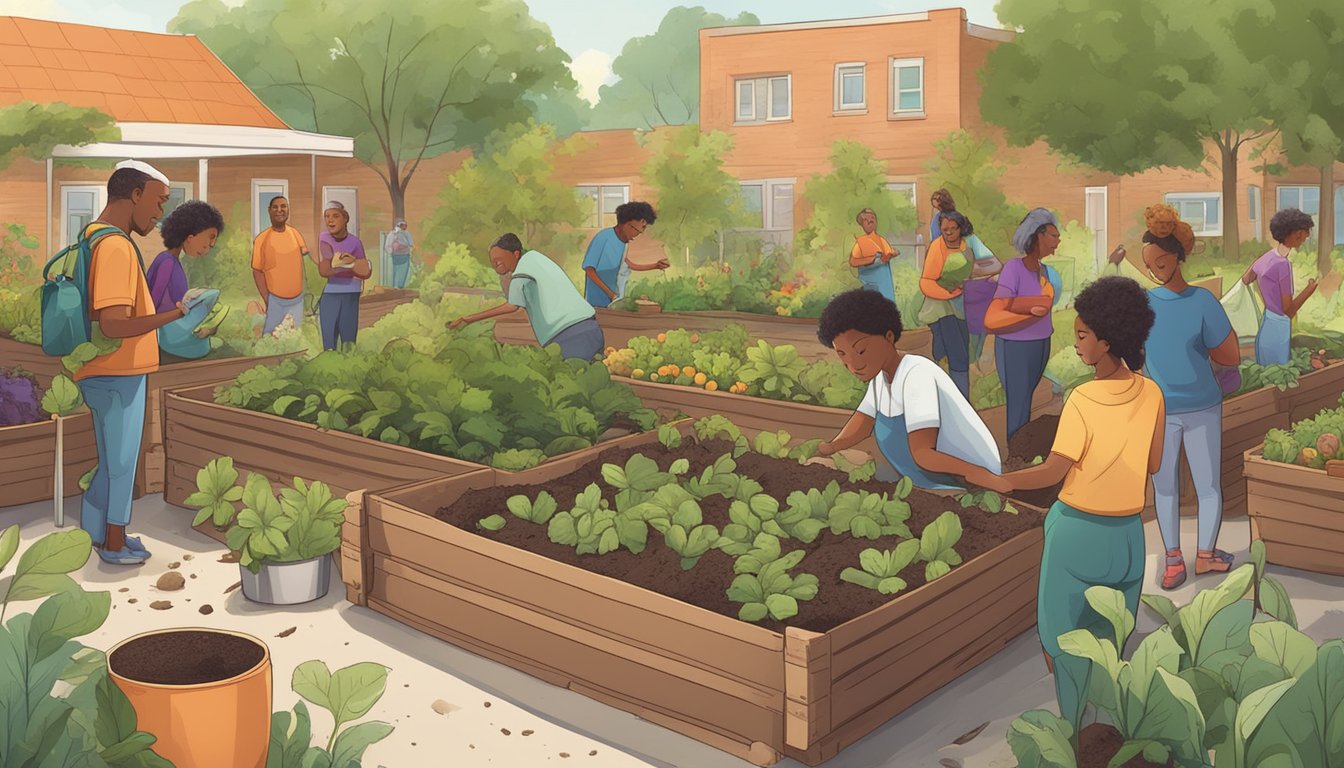 A diverse group of people gather in a vibrant community garden, surrounded by lush greenery and compost bins. They are engaged in various composting activities, such as turning the compost and adding organic materials