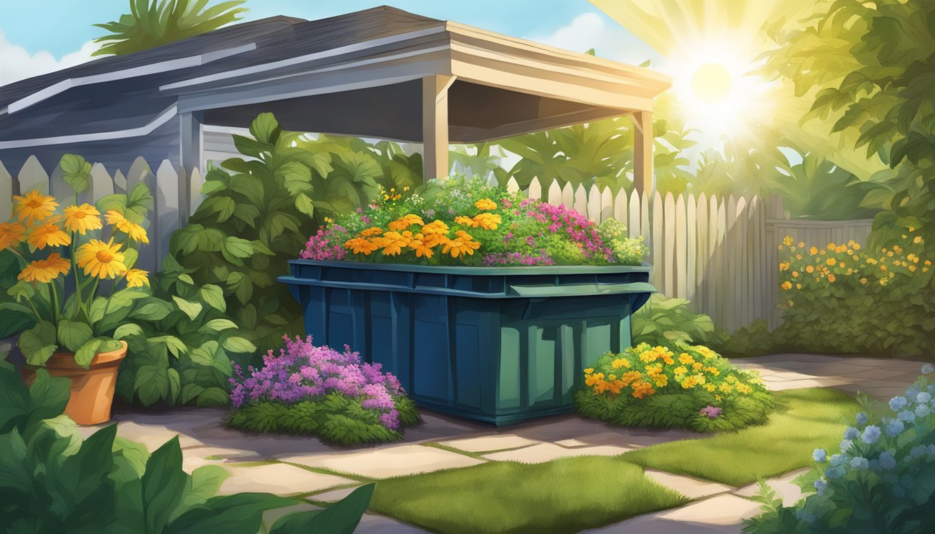 A backyard composting bin surrounded by lush green plants and flowers, with a bright sun shining overhead in Port St. Lucie, FL