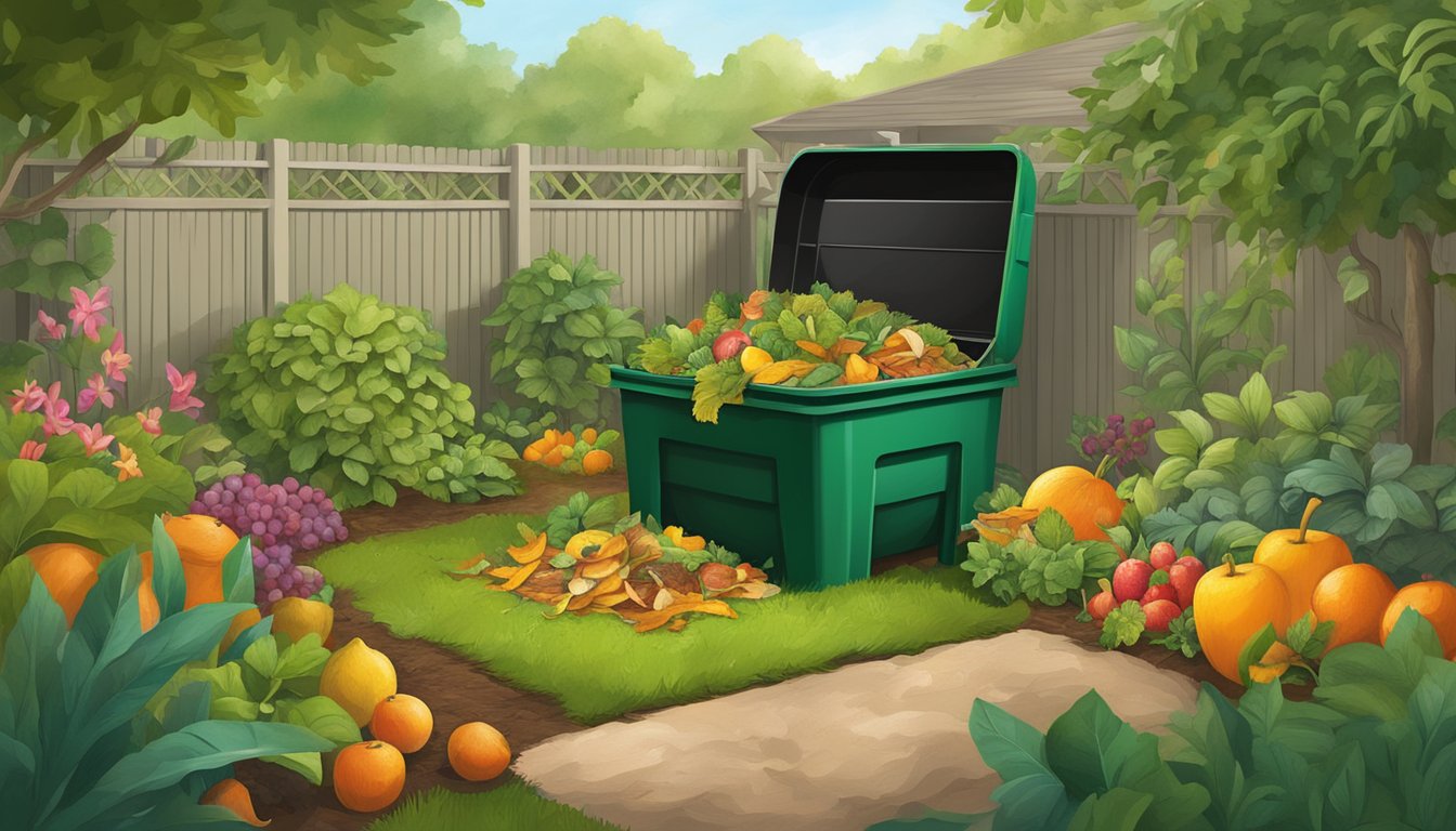 A lush garden in Tallahassee, FL, with a compost bin surrounded by a variety of organic waste, such as fruit peels, leaves, and grass clippings