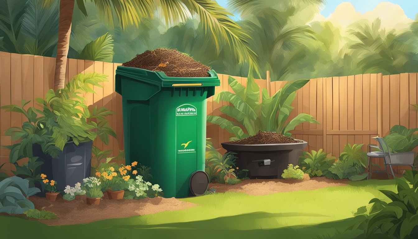 A backyard in Tampa, Florida with a compost bin surrounded by various organic materials such as kitchen scraps, yard waste, and shredded paper. The sun is shining and there are palm trees in the background