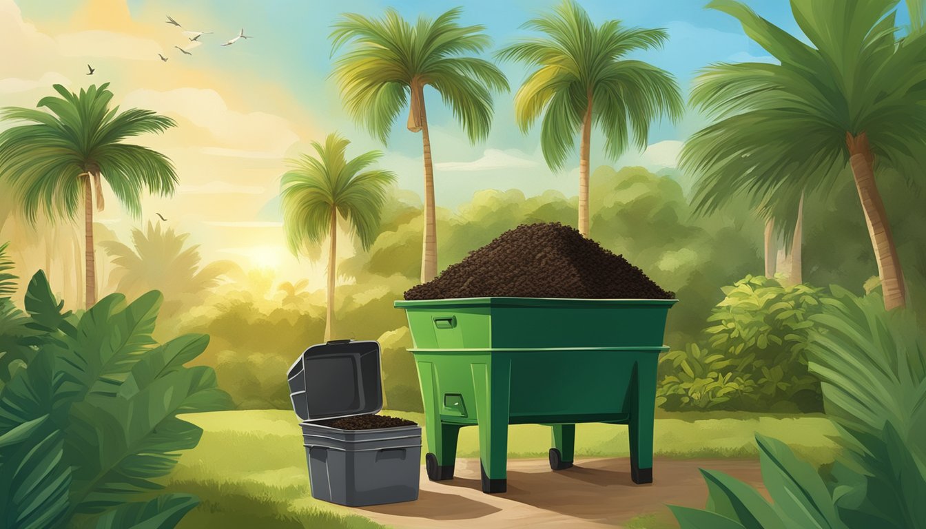 A backyard compost bin surrounded by palm trees and lush greenery in West Palm Beach, FL. The sun is shining and birds are flying overhead