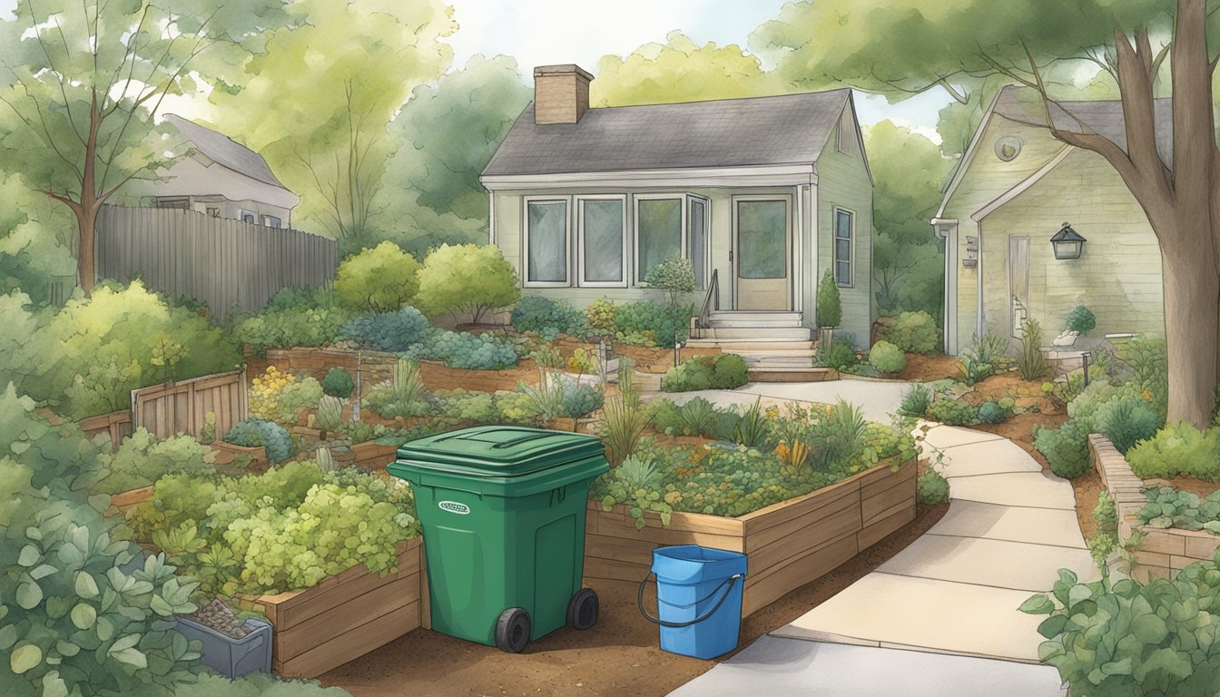 A backyard in Athens, GA with a compost bin, shovel, and various organic waste materials being layered inside. Surrounding plants and trees indicate a suburban setting