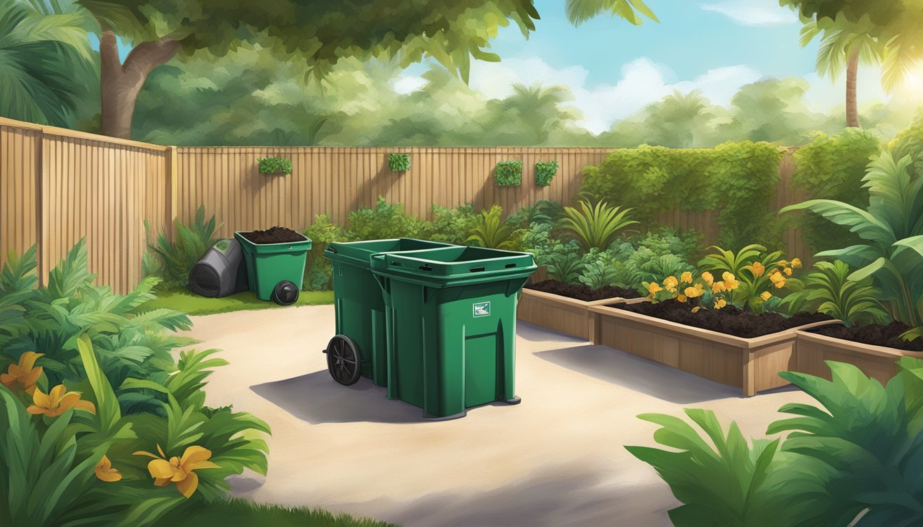 A sunny backyard with a variety of compost bins, surrounded by lush green plants and palm trees in West Palm Beach, FL