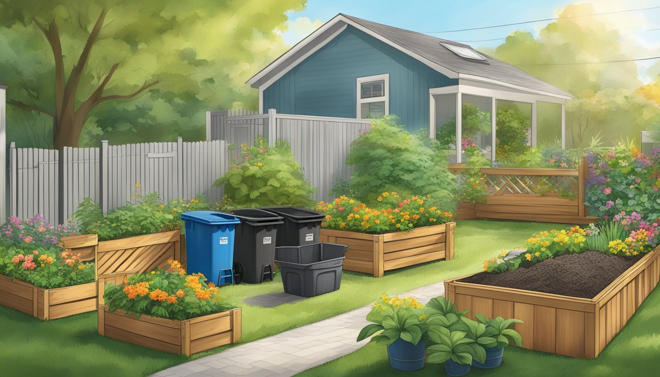 A sunny backyard in Tampa, FL with a variety of compost bins, including tumblers, wire mesh, and wooden bins, surrounded by lush green plants and colorful flowers