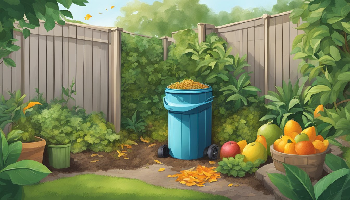 A lush garden in Tampa, FL with a compost bin surrounded by various organic materials like fruit peels, leaves, and grass clippings