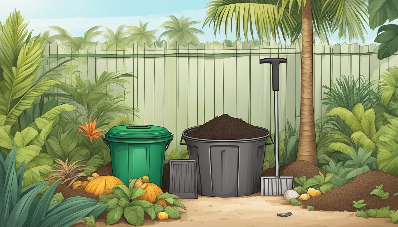 A backyard compost bin surrounded by palm trees and tropical plants, with a shovel and a pile of organic waste ready to be added