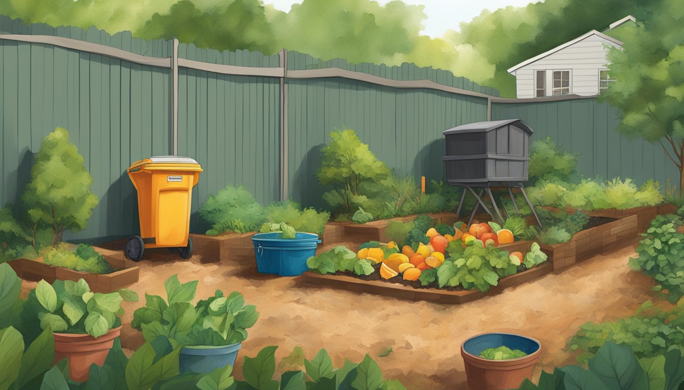 A backyard in Athens, GA with a compost bin surrounded by a variety of organic materials such as fruit peels, vegetable scraps, and yard waste