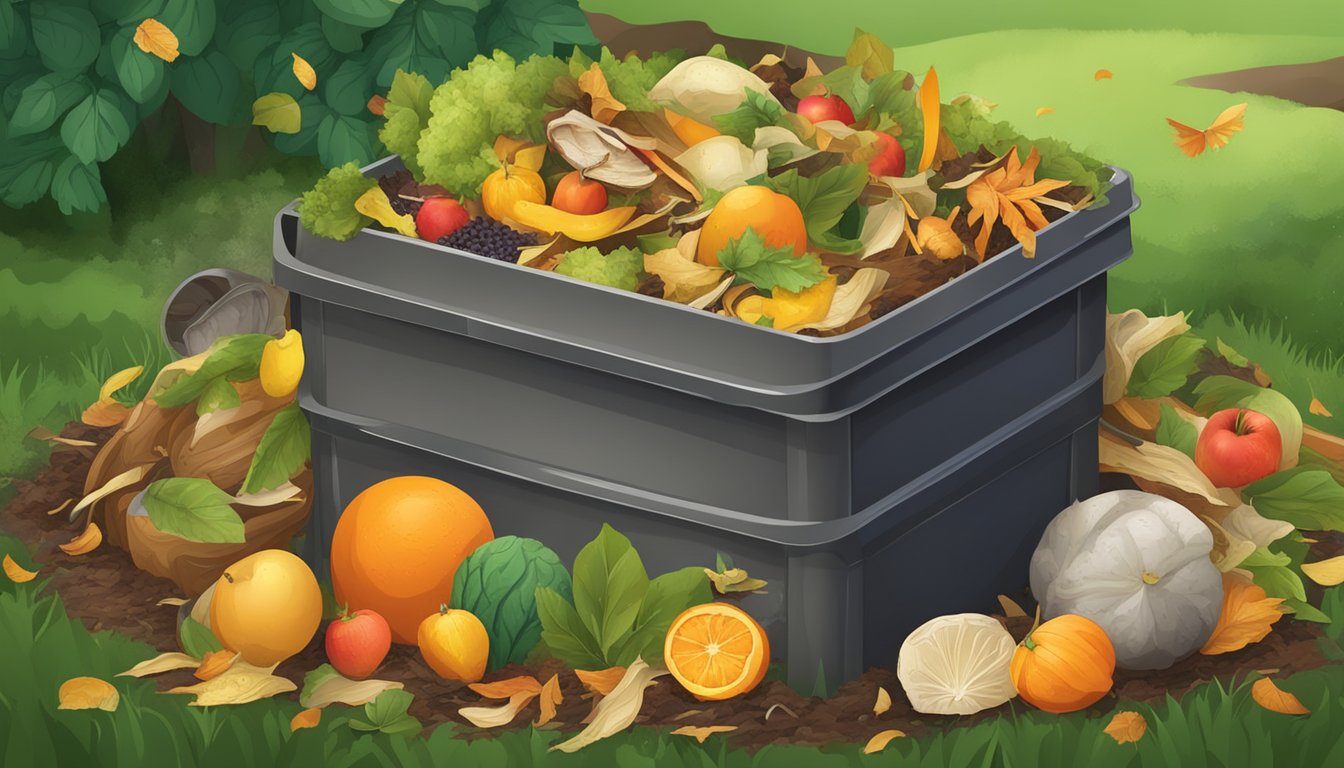 A backyard compost bin surrounded by a variety of organic waste, including fruit peels, vegetable scraps, and dry leaves