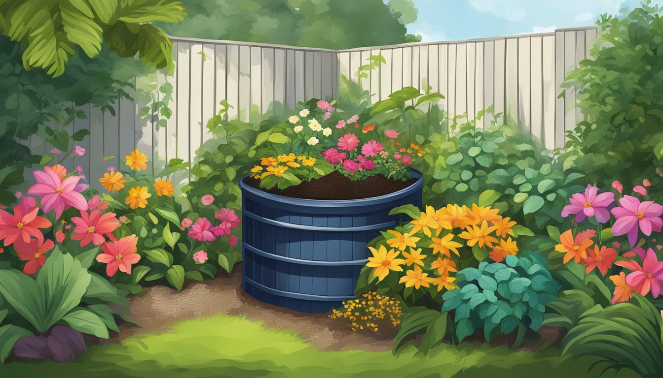 A backyard compost bin surrounded by lush greenery and colorful flowers in West Palm Beach, FL