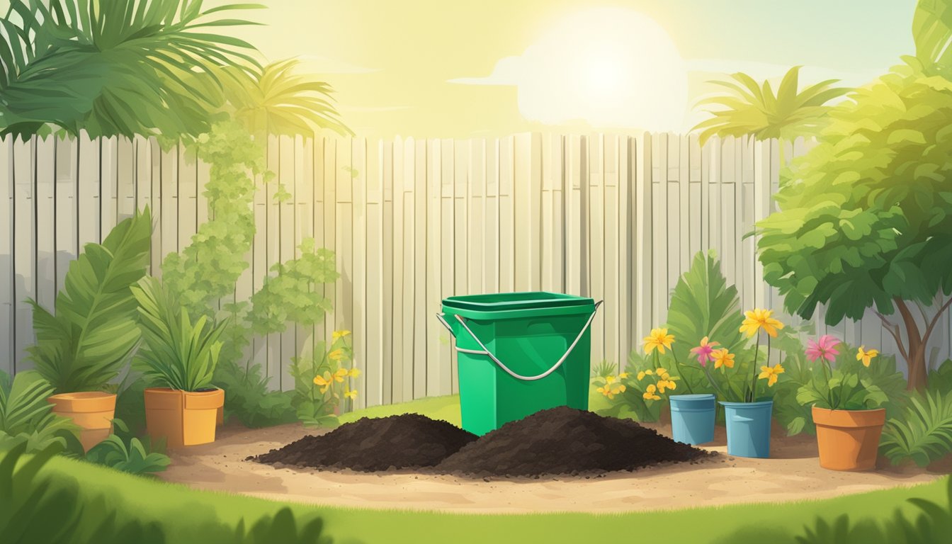 A sunny backyard with a compost bin surrounded by greenery and palm trees, with a shovel and gardening gloves nearby