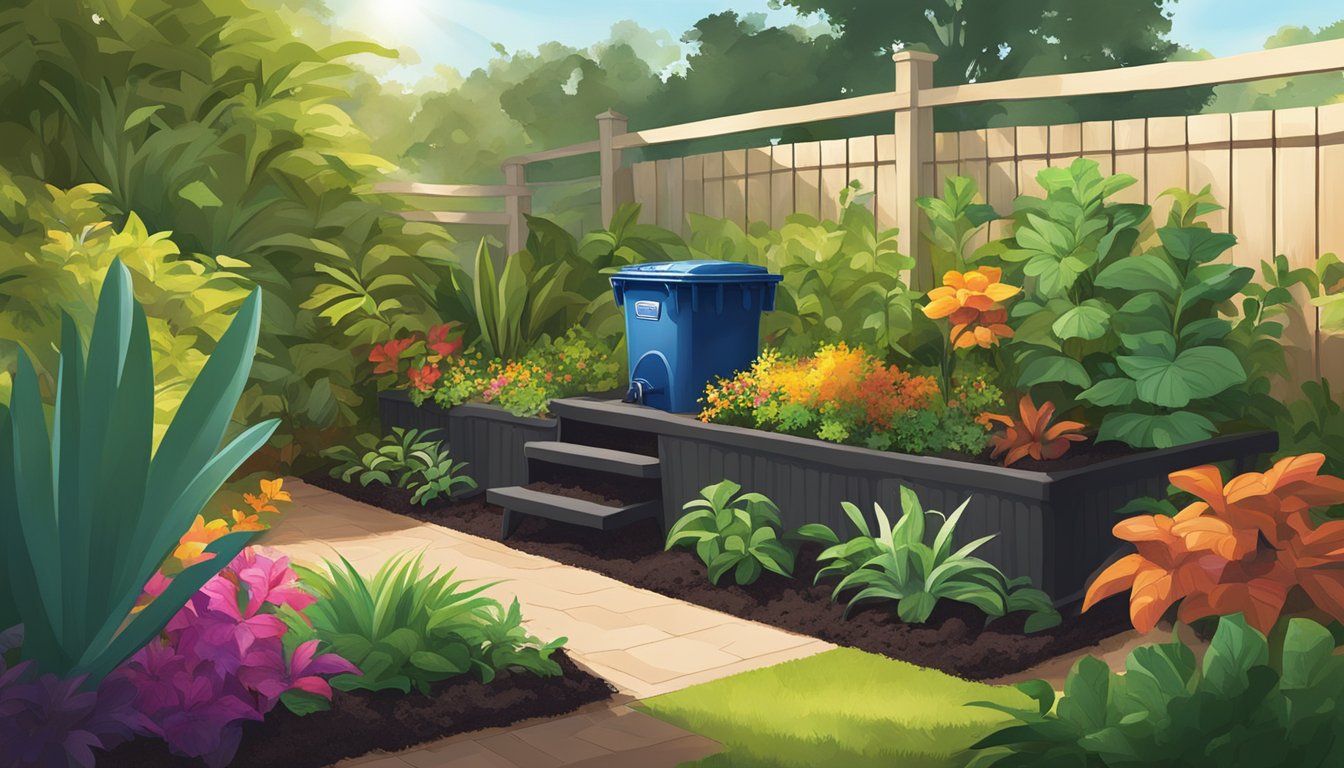 A lush garden in Tampa, FL, with a compost bin surrounded by vibrant plants and rich, dark soil. Sunshine filters through the leaves, creating a warm, inviting atmosphere