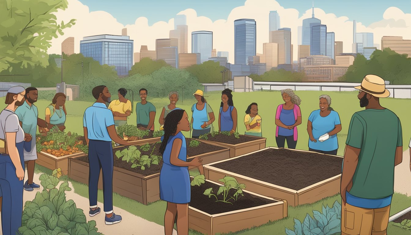 A group of diverse individuals gather in a community garden, learning about composting from an educator. The Tampa skyline is visible in the background