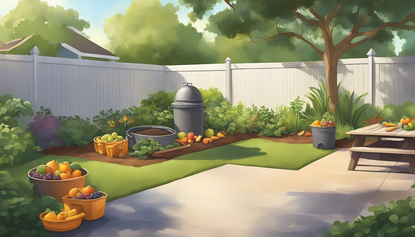 A backyard scene with a compost bin, garden tools, and various organic materials like fruit peels, leaves, and grass clippings. Sunshine and a suburban setting in Tampa, FL