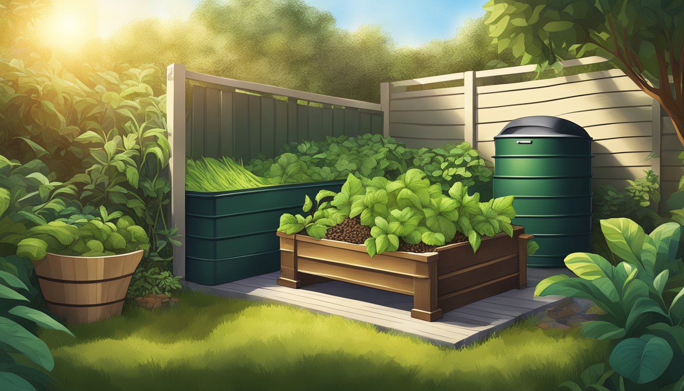 A backyard compost bin surrounded by greenery and filled with various organic materials, with the sun shining overhead in West Palm Beach, FL