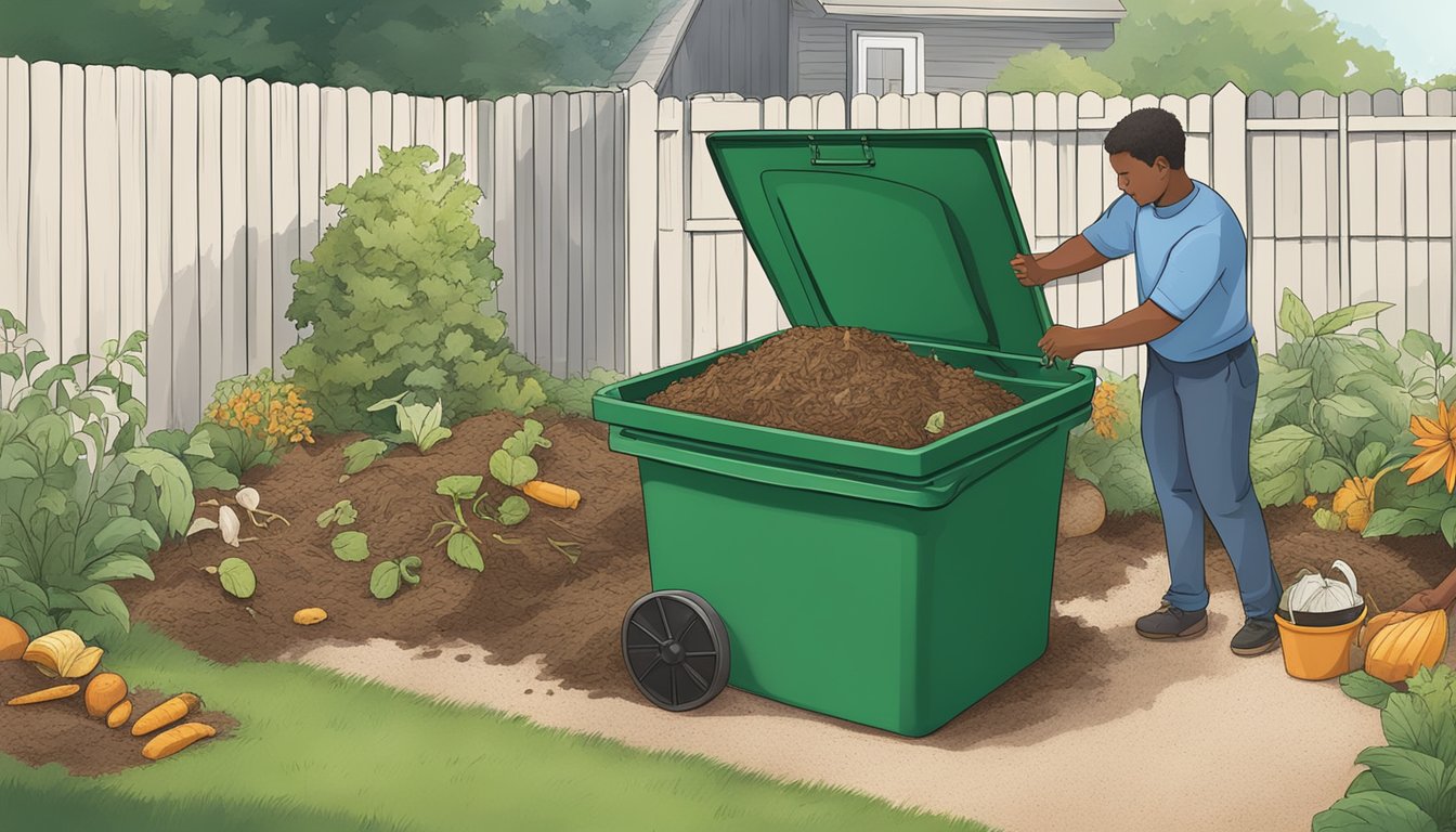 A person placing food scraps and yard waste into a compost bin in a backyard garden