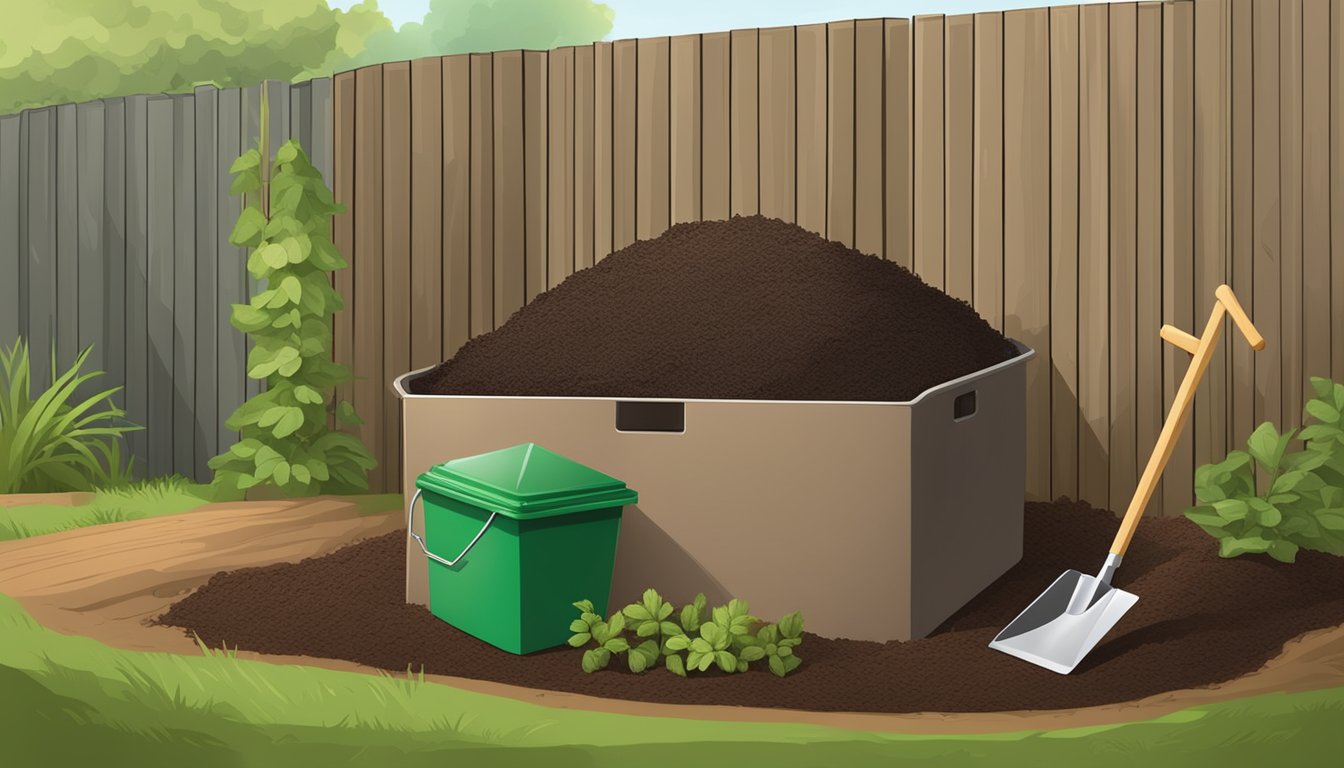 A backyard compost bin surrounded by a mix of green and brown organic materials, with a shovel and a small container of finished compost nearby