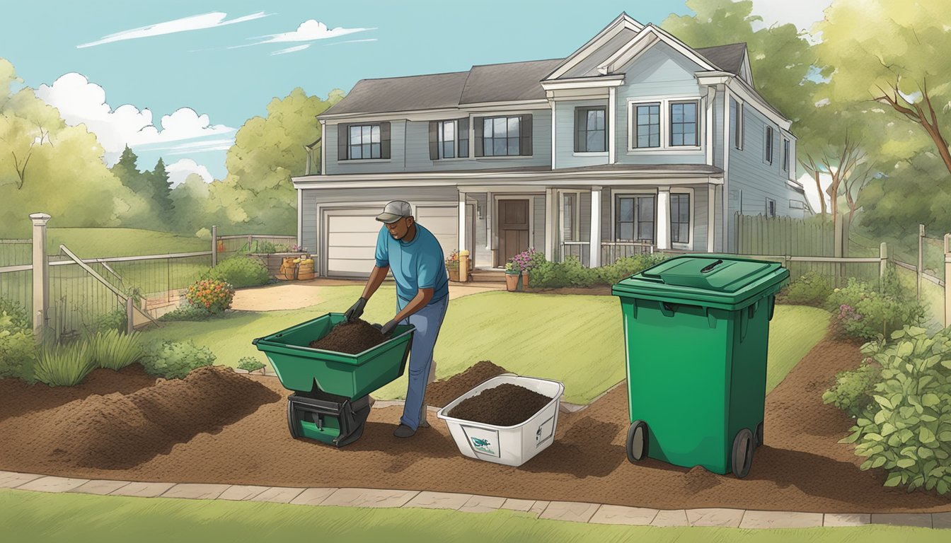 A person sets up a composting system in a backyard garden, placing a bin, shovel, and organic waste materials on a sunny day in Augusta, GA