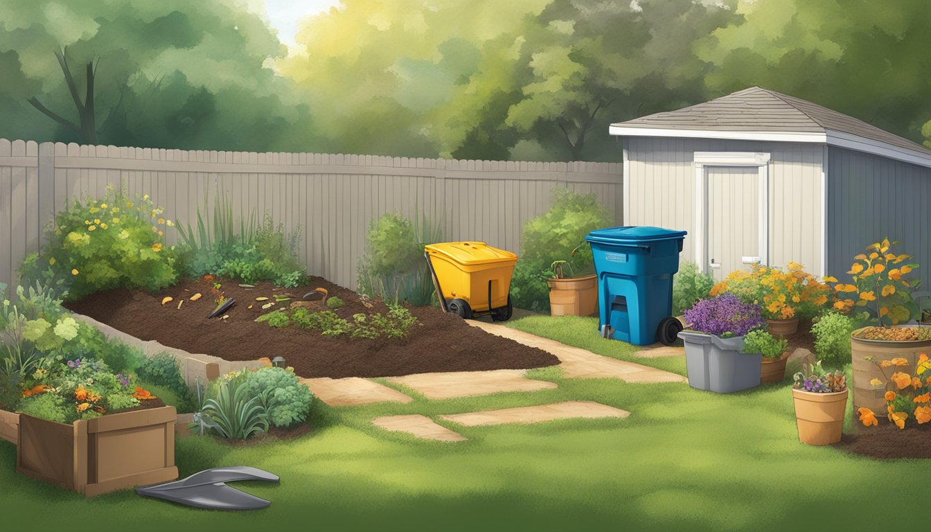 A backyard in Macon, GA with a compost bin, gardening tools, and a variety of organic waste materials being layered into the bin