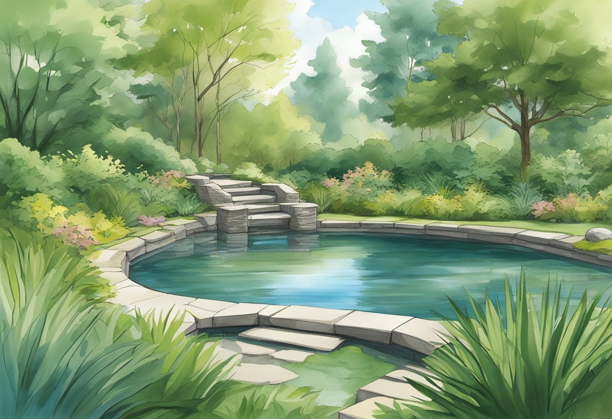 A tranquil pond surrounded by lush greenery, with OASE Filtoclear pond filters integrated seamlessly into the landscape