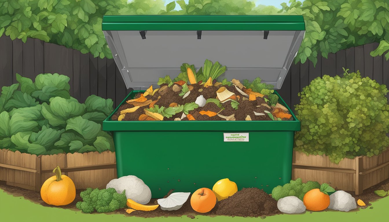 A backyard compost bin surrounded by various organic waste materials, such as fruit peels, vegetable scraps, and yard clippings, with a sign indicating "What to Compost" in Augusta, GA