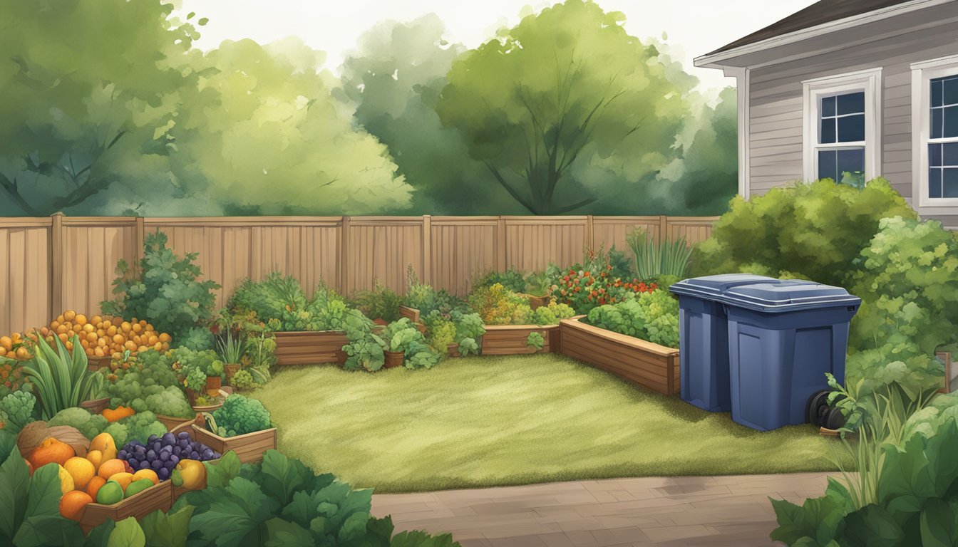 A backyard in Macon, GA with a compost bin surrounded by various feedstocks and materials such as fruit and vegetable scraps, leaves, and grass clippings