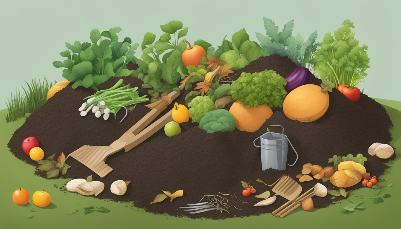 A compost pile surrounded by a variety of organic materials, including fruit and vegetable scraps, leaves, and grass clippings. A shovel and pitchfork are nearby for turning and aerating the pile