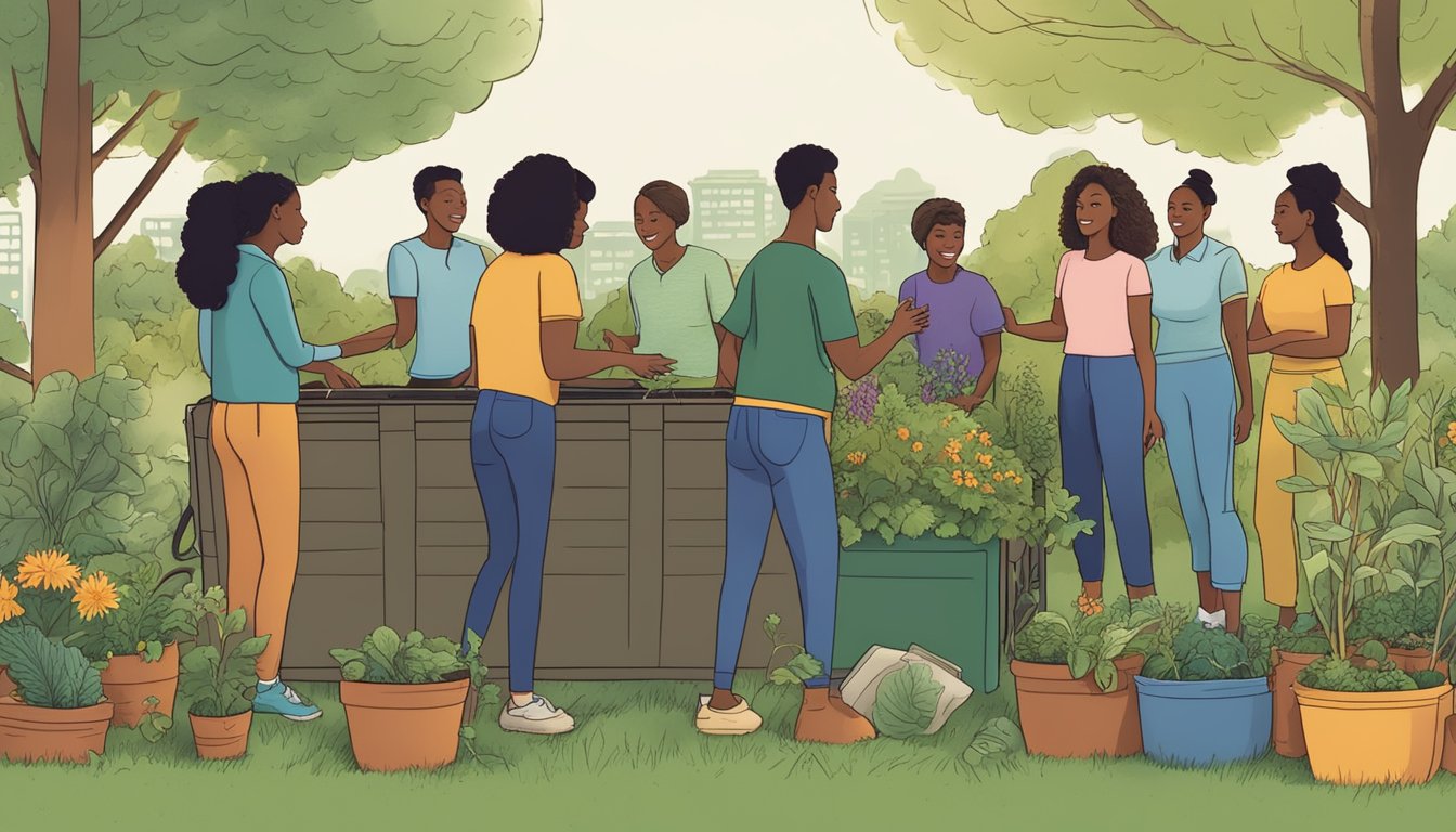 A diverse group of people gather around a compost bin in a lush community garden, exchanging tips and resources for sustainable composting in Atlanta, GA