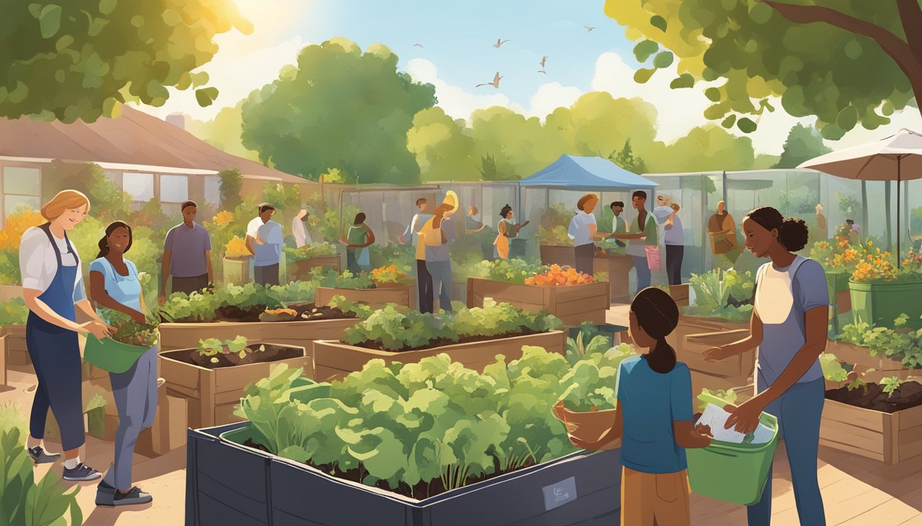 A diverse group of people gather in a lush community garden, surrounded by compost bins and educational posters. The sun shines down on the vibrant scene, as individuals engage in hands-on learning about composting