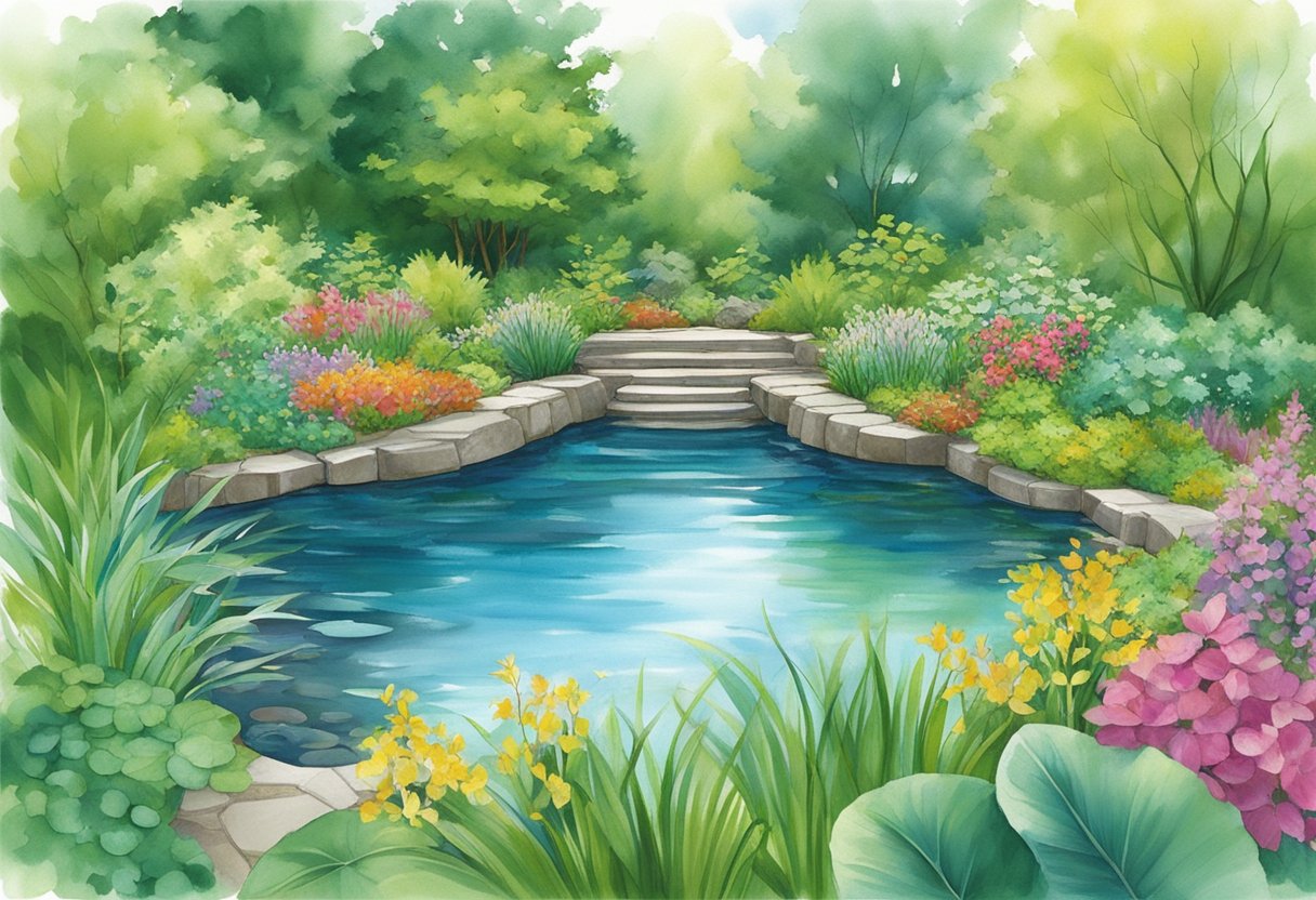 A clear pond with a Filtoclear filter system installed, surrounded by lush greenery and colorful aquatic plants