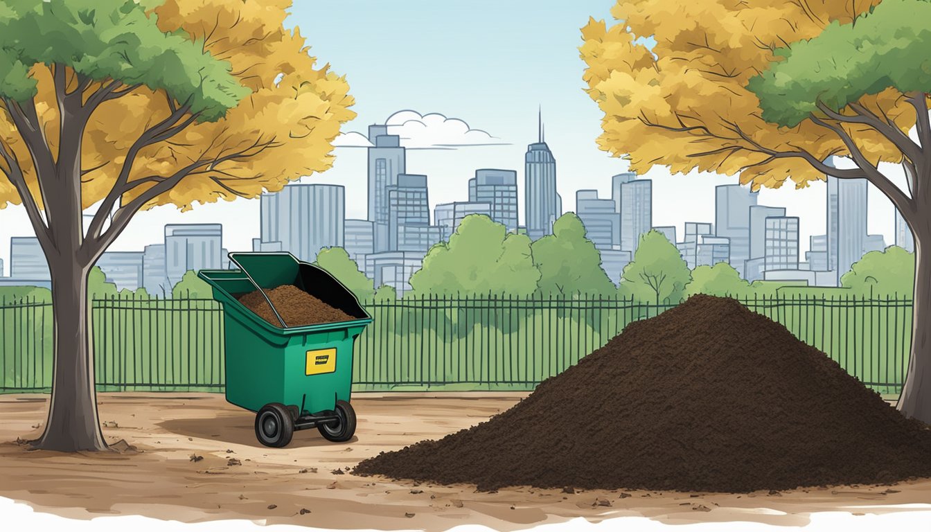 A person turning a compost pile in a backyard surrounded by trees and a city skyline in the background