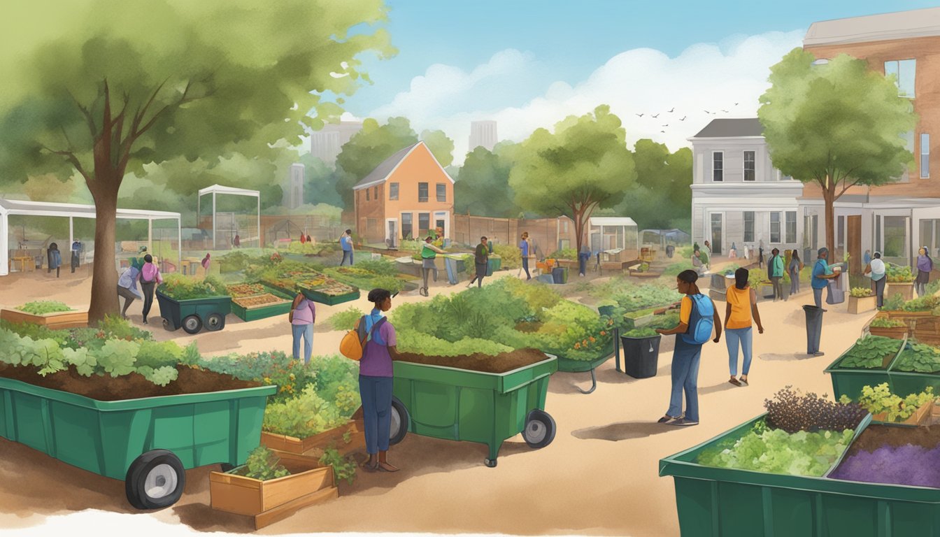 A bustling urban scene with diverse residents composting in community gardens and local parks in Macon, GA