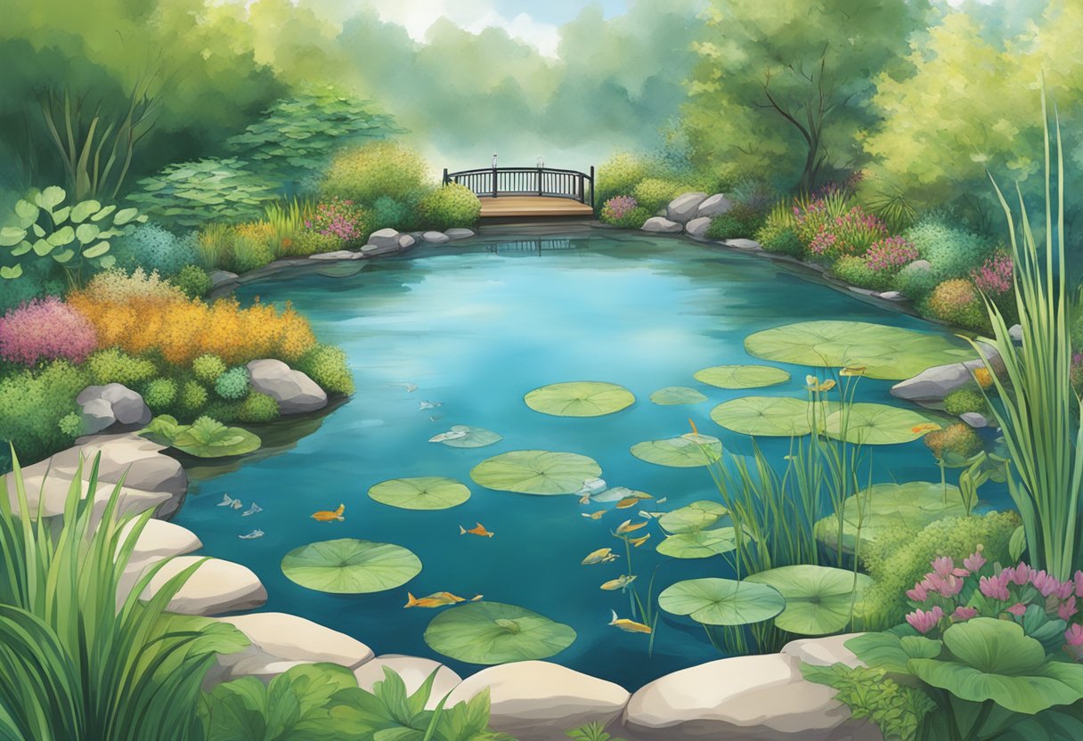 A clear pond with a Filtoclear filter system, surrounded by lush aquatic plants and teeming with diverse aquatic life