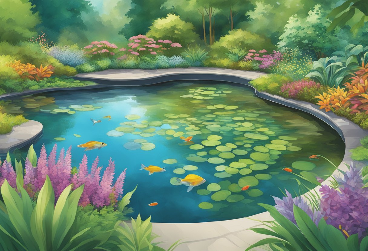 A clear pond with a Filtoclear filter system removing debris from the water, surrounded by lush greenery and colorful aquatic plants