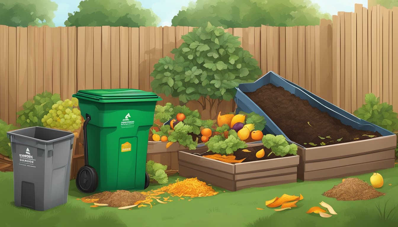 A backyard composting setup with bins, a shovel, and a variety of organic materials such as fruit peels, vegetable scraps, and yard waste