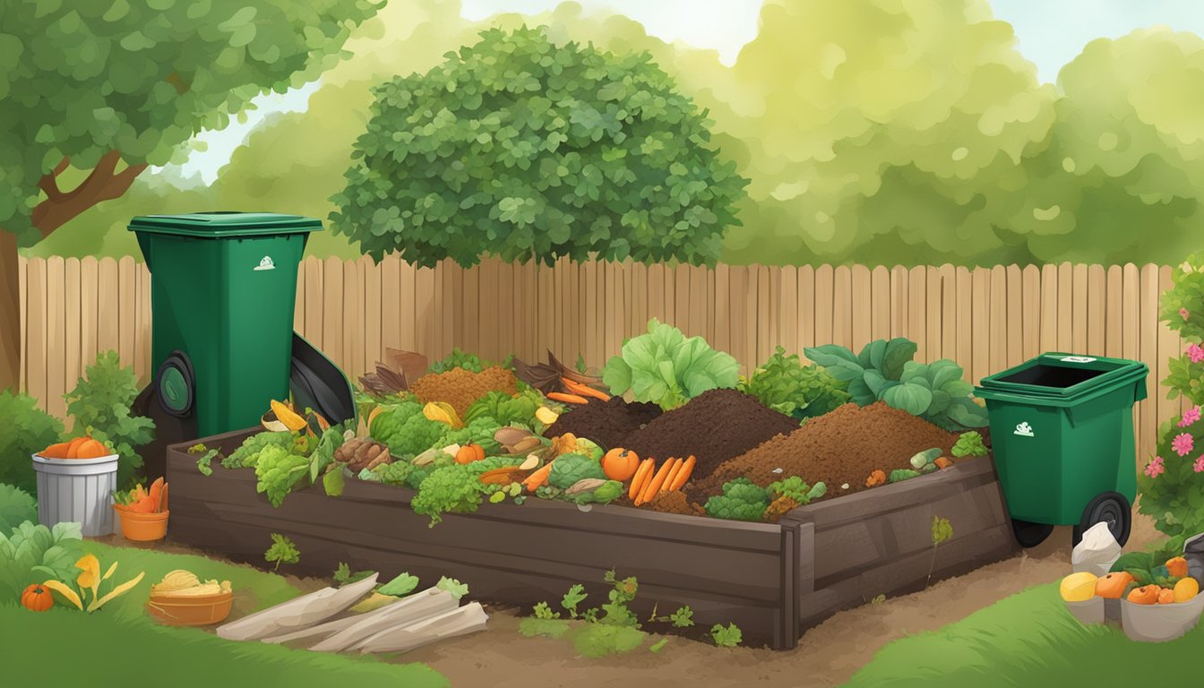 A backyard compost bin surrounded by a lush garden, with a mix of food scraps and yard waste being added to the pile