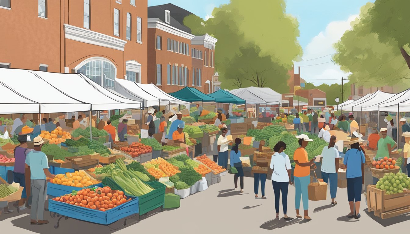 A bustling farmer's market in Augusta, Georgia, with vendors selling fresh produce and customers eager to learn about composting