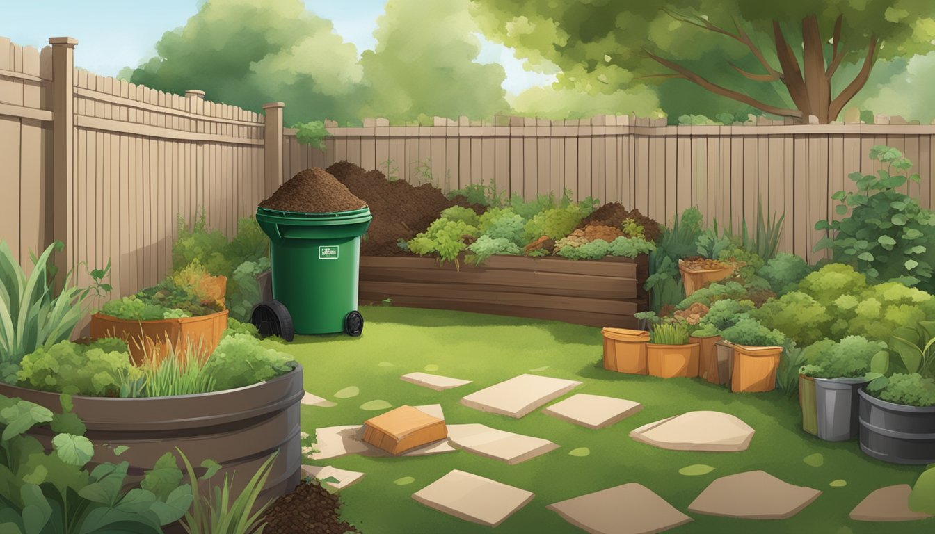 A backyard with a compost bin surrounded by a mix of green and brown materials, such as grass clippings, leaves, and food scraps