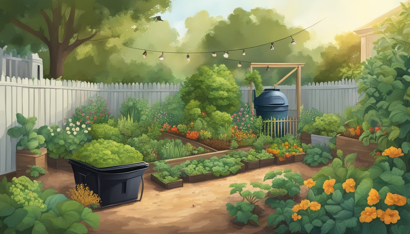 A lush garden in Savannah, GA with a compost bin surrounded by vegetable scraps, leaves, and soil. Birds and insects are drawn to the fertile environment