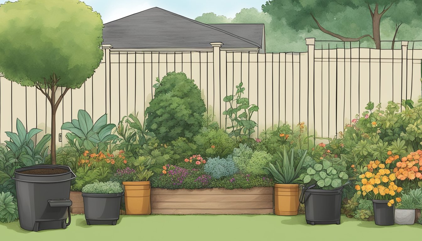 A lush garden in Sandy Springs, GA, with a compost bin, shovel, and various plants being tended to by a gardener