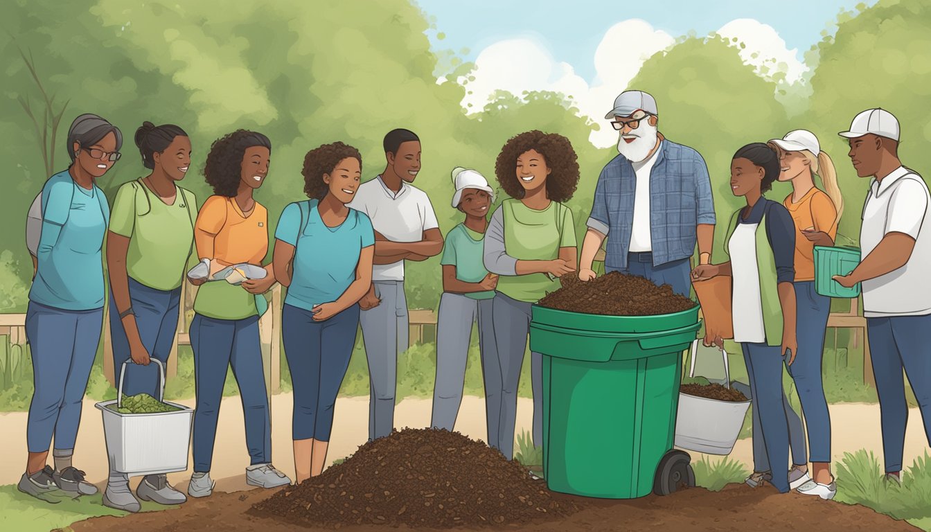 A group of people in Sandy Springs, GA are gathered around a composting bin, learning about the process of composting. A volunteer is demonstrating how to properly compost organic waste