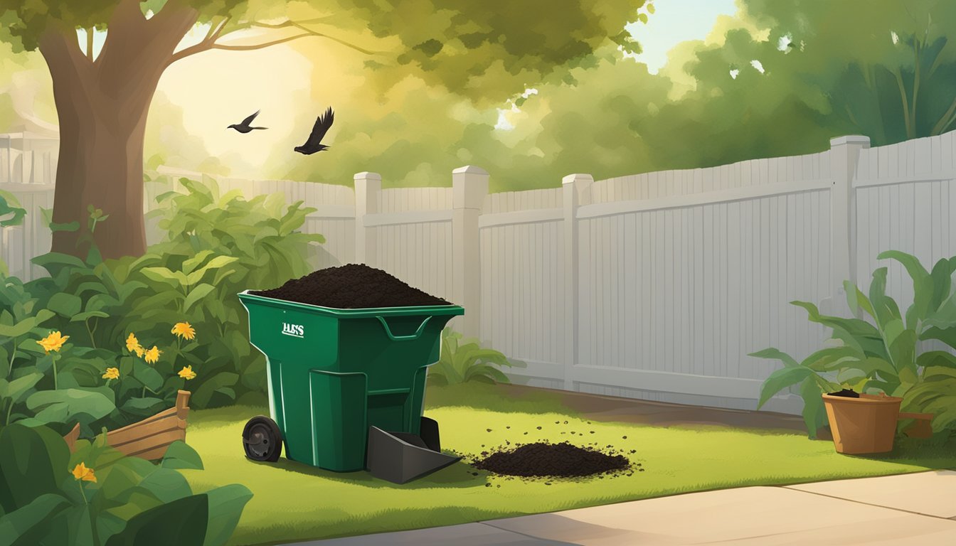 A lush green backyard in Savannah, GA, with a compost bin, shovel, and various organic waste materials scattered around. The sun is shining, and birds are chirping in the background