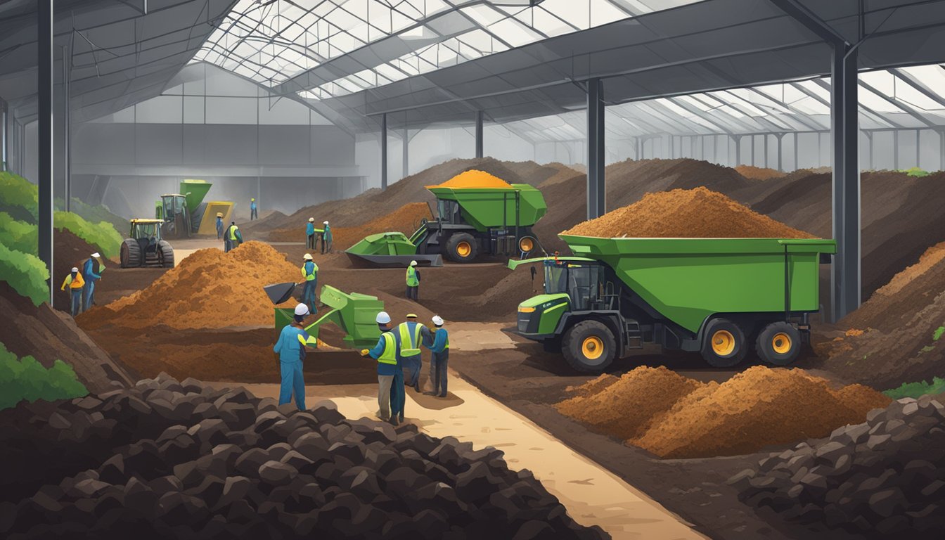 A bustling composting facility with workers managing piles of organic waste and machinery turning it into rich, dark compost