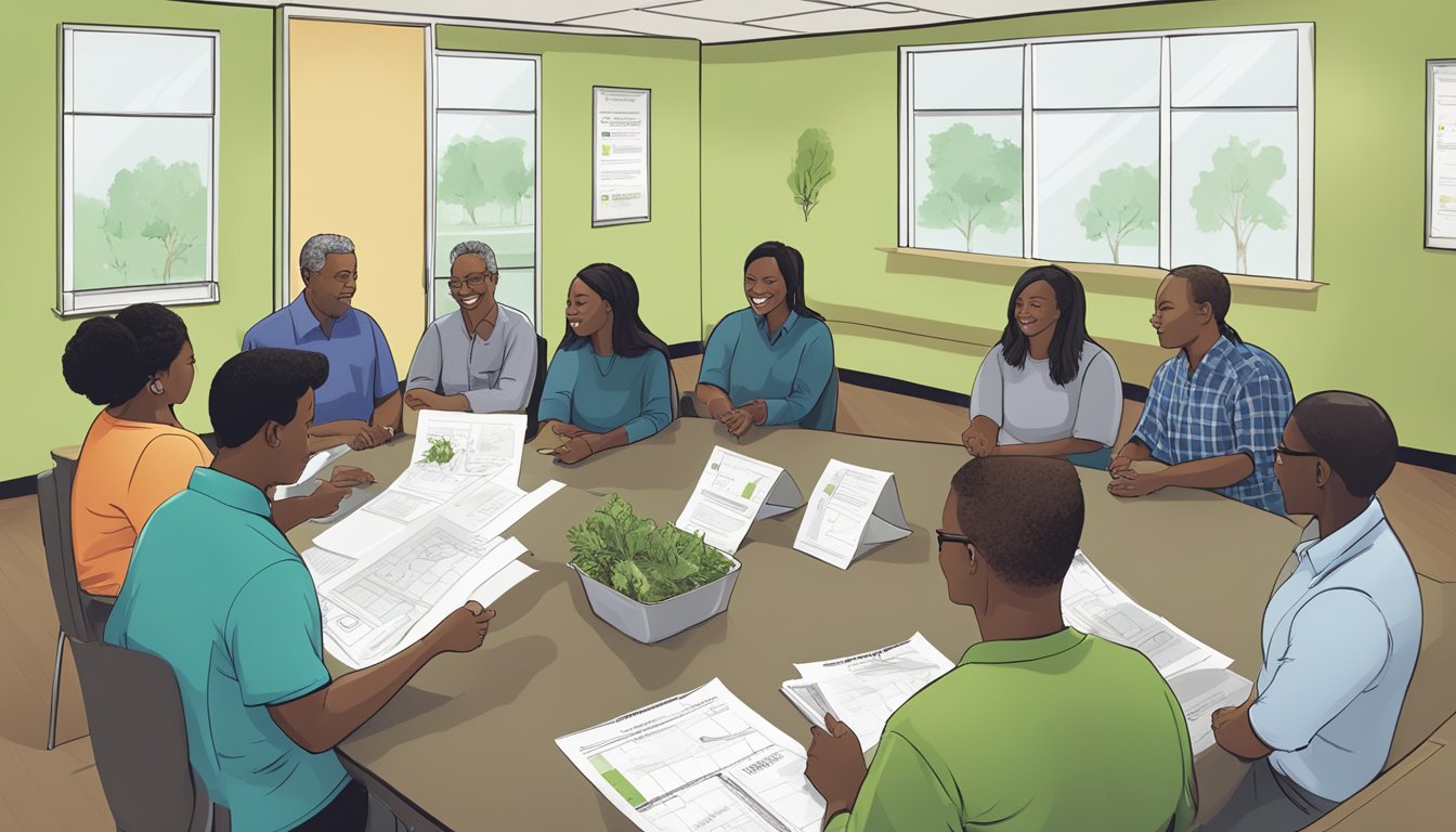 A group of people gather at a community center in Sandy Springs, GA to discuss legislation and support for composting. Charts and diagrams are displayed as they engage in conversation